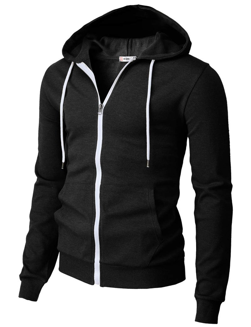 H2H Mens Slim Fit Hoodie with White Zipper and Drawstring BLACK US XL/Asia 2XL (CMOHOL048) - Image 1